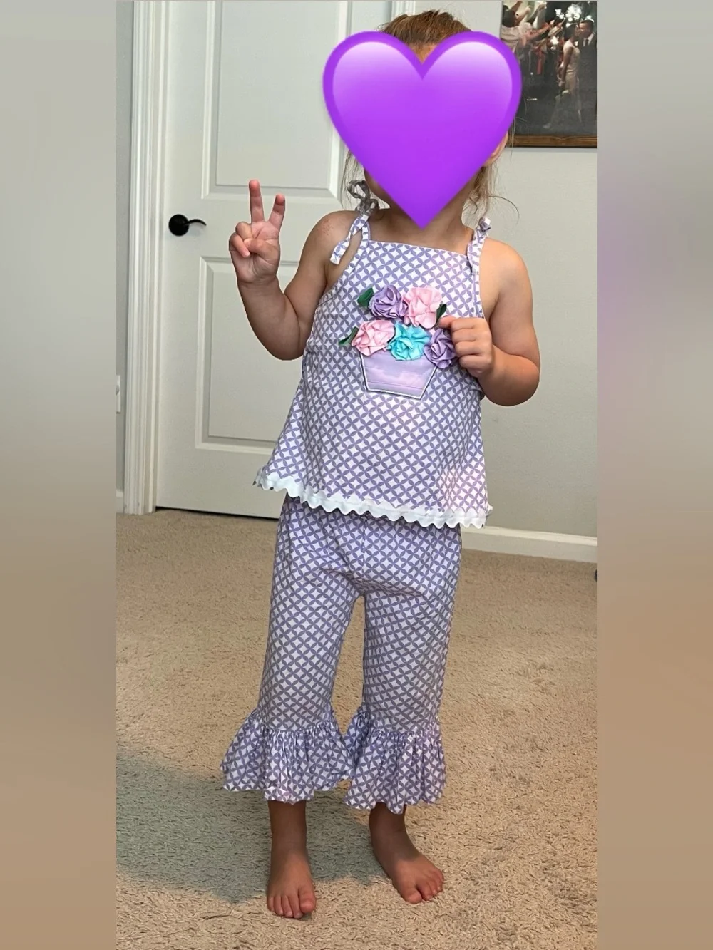 Mud Pie Lavender Geometric Tank & Ruffle Pants Set with Floral Pocket